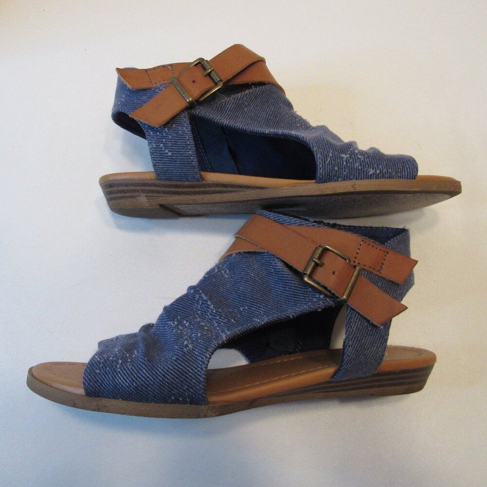 Women's Soda Blue Denim Open Toe Sandals Brown Buckle Strap Side Zipper Size 6 - Picture 5 of 8
